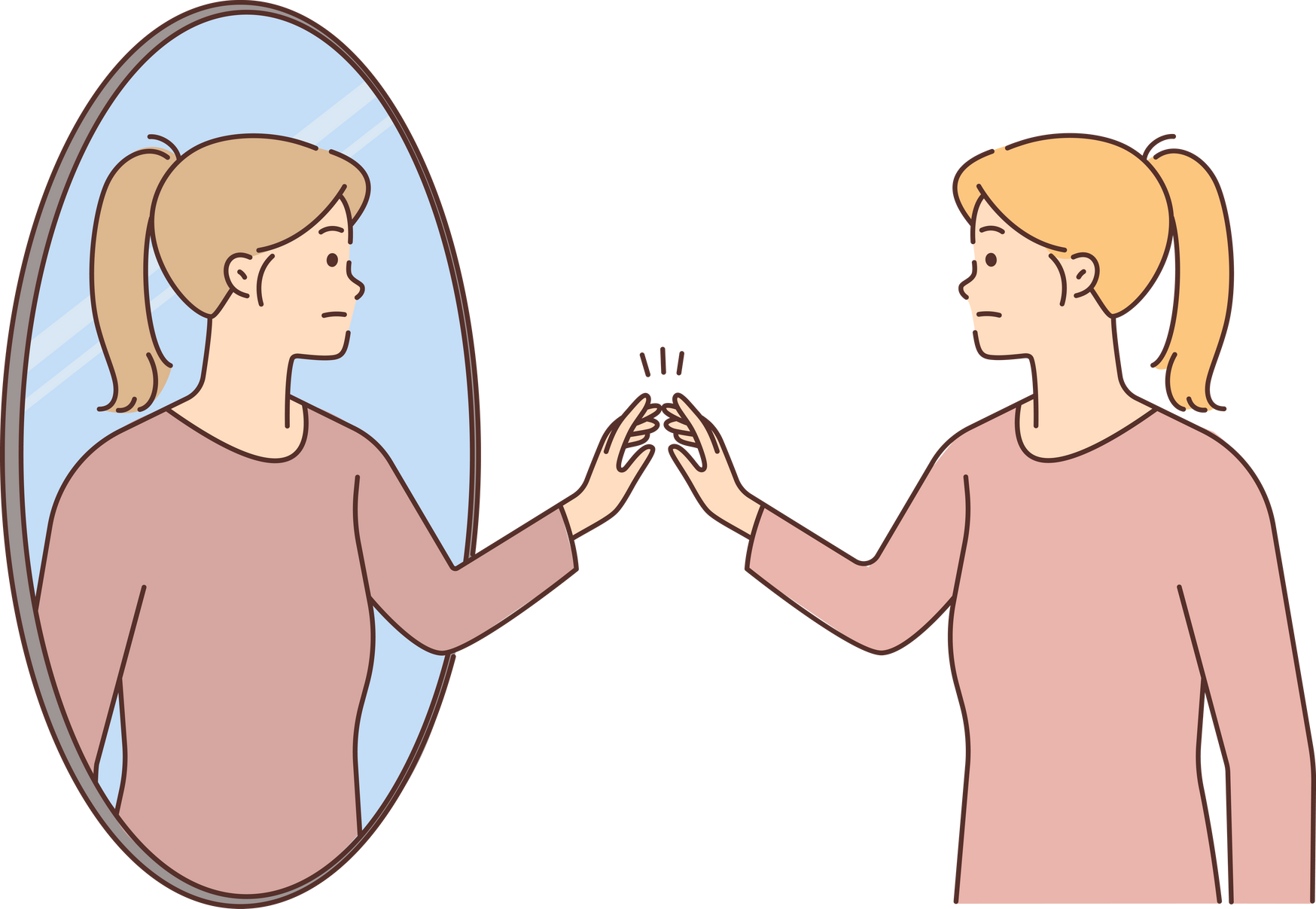 Woman look in mirror talk to herself